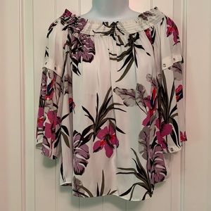 Jennifer Lopez Womens Off the Shoulder White Grey Purple Floral Blouse Size S